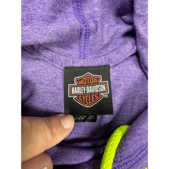 Harley Davidson Purple Heathered Long Sleeve Hoodie Neon Yellow Women Size xL - Picture 6 of 10
